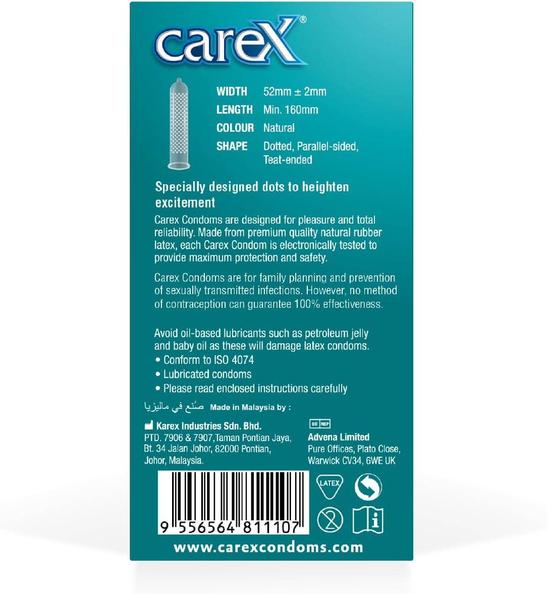 Carex condom packaging back showing product details and dotted condoms for enhanced pleasure description