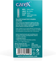 Carex condom packaging back showing product details and dotted condoms for enhanced pleasure description