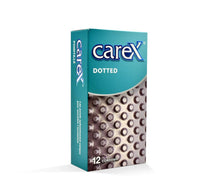 Carex dotted condoms box side view, teal and brown with circular dot design