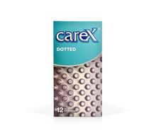 Carex dotted condoms box, 12 count, teal package with repeating dot pattern