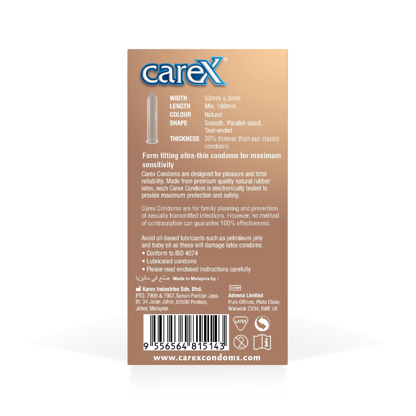 Carex package back view of ultra thin condoms for sensitivity showing product details and barcode