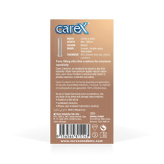Carex package back view of ultra thin condoms for sensitivity showing product details and barcode
