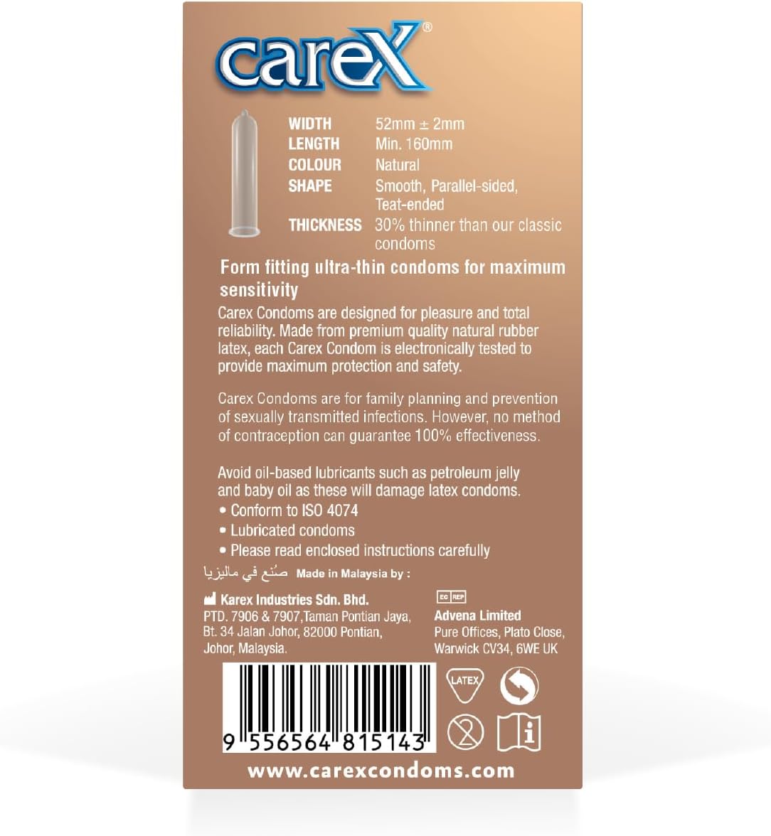 Carex condom box back showing product details and ingredients for ultra thin condoms for sensitivity