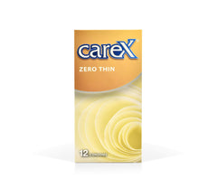 Carex Zero Thin 12 pack yellow box of ultra thin condoms for sensitivity with subtle packaging