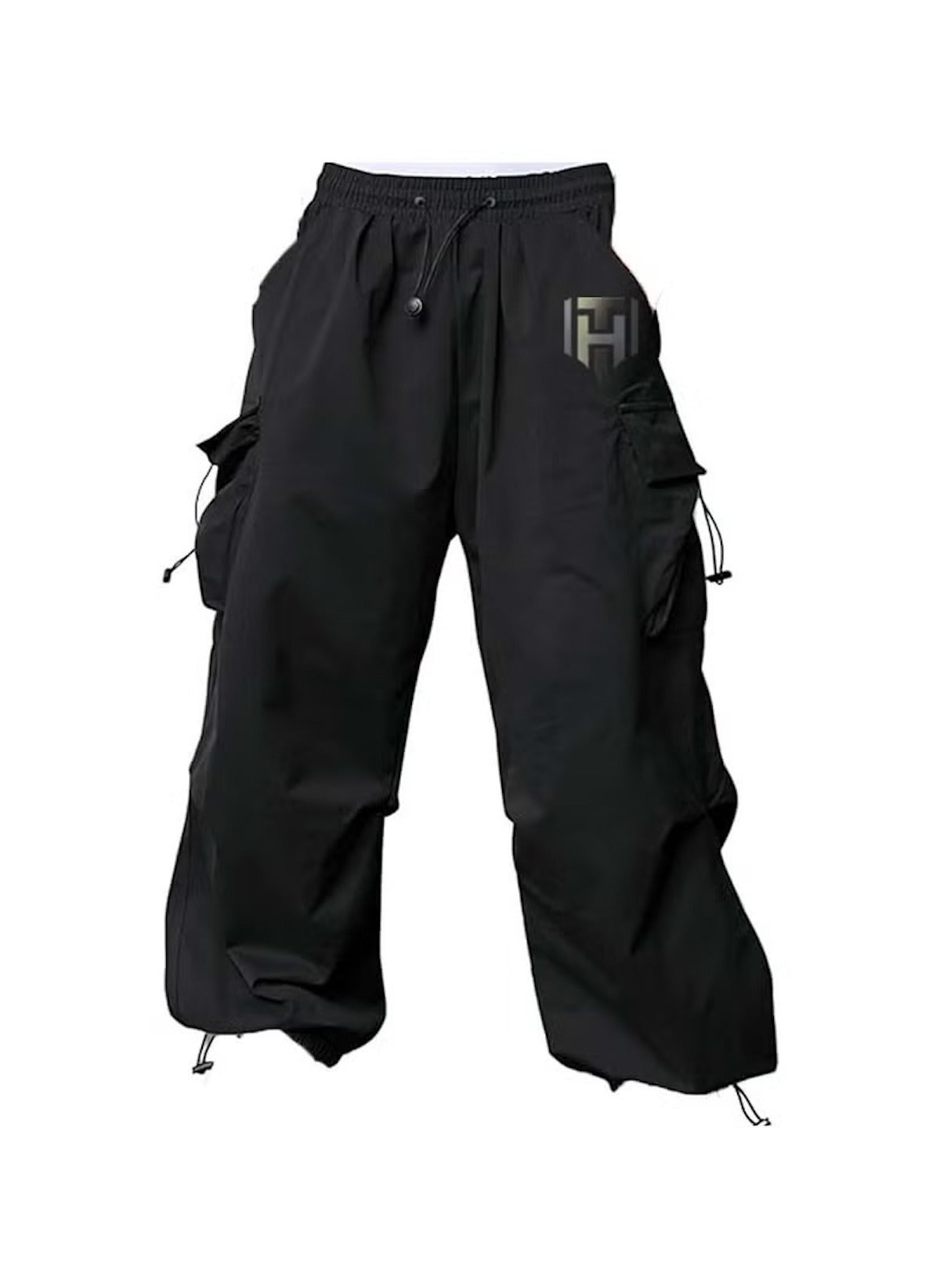 Black cargo style wide leg pants for ladies with drawstring waist and side pockets by Huitich