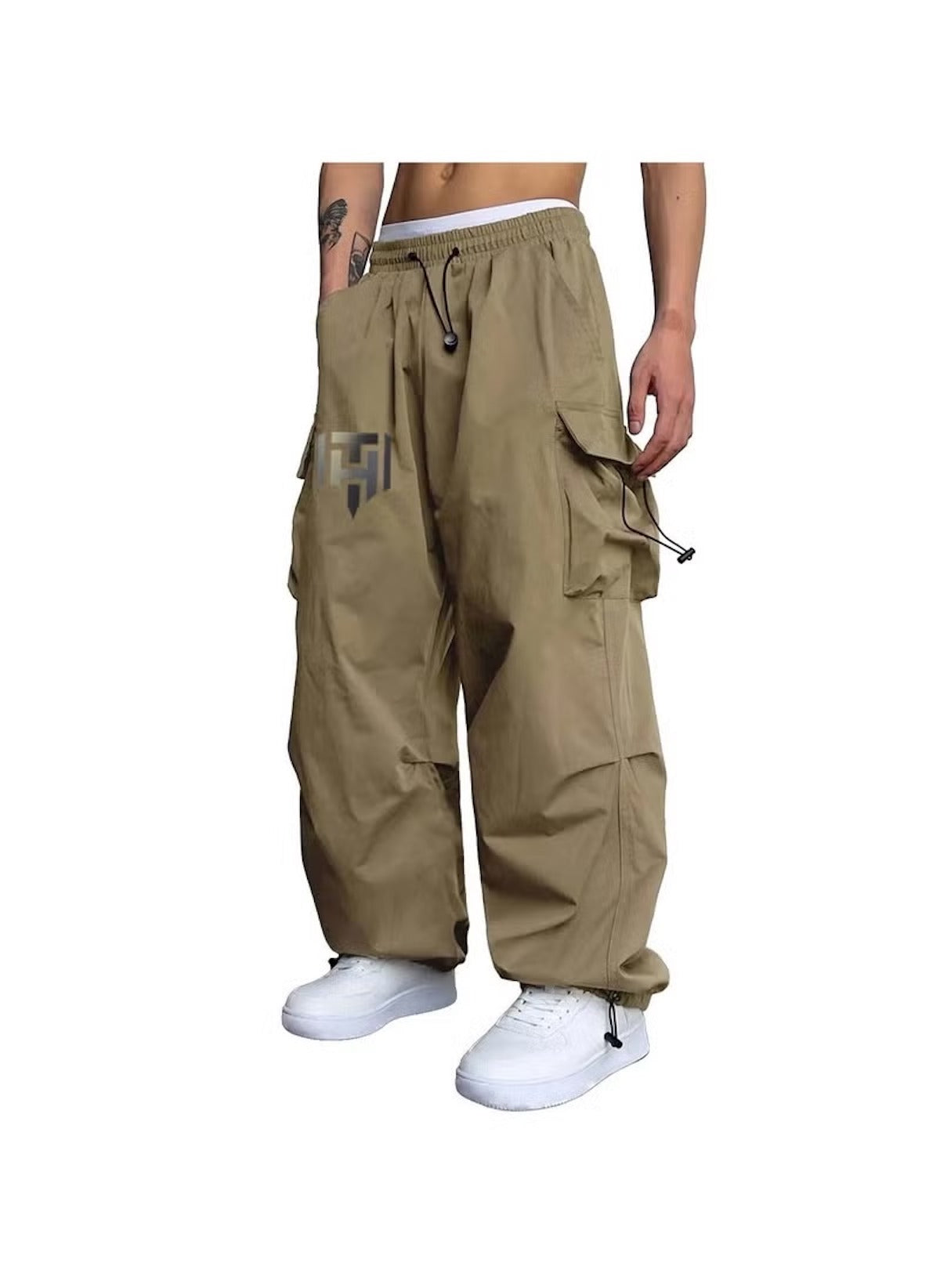 Huitich khaki cargo style wide leg pants for ladies with multiple pockets and adjustable waist