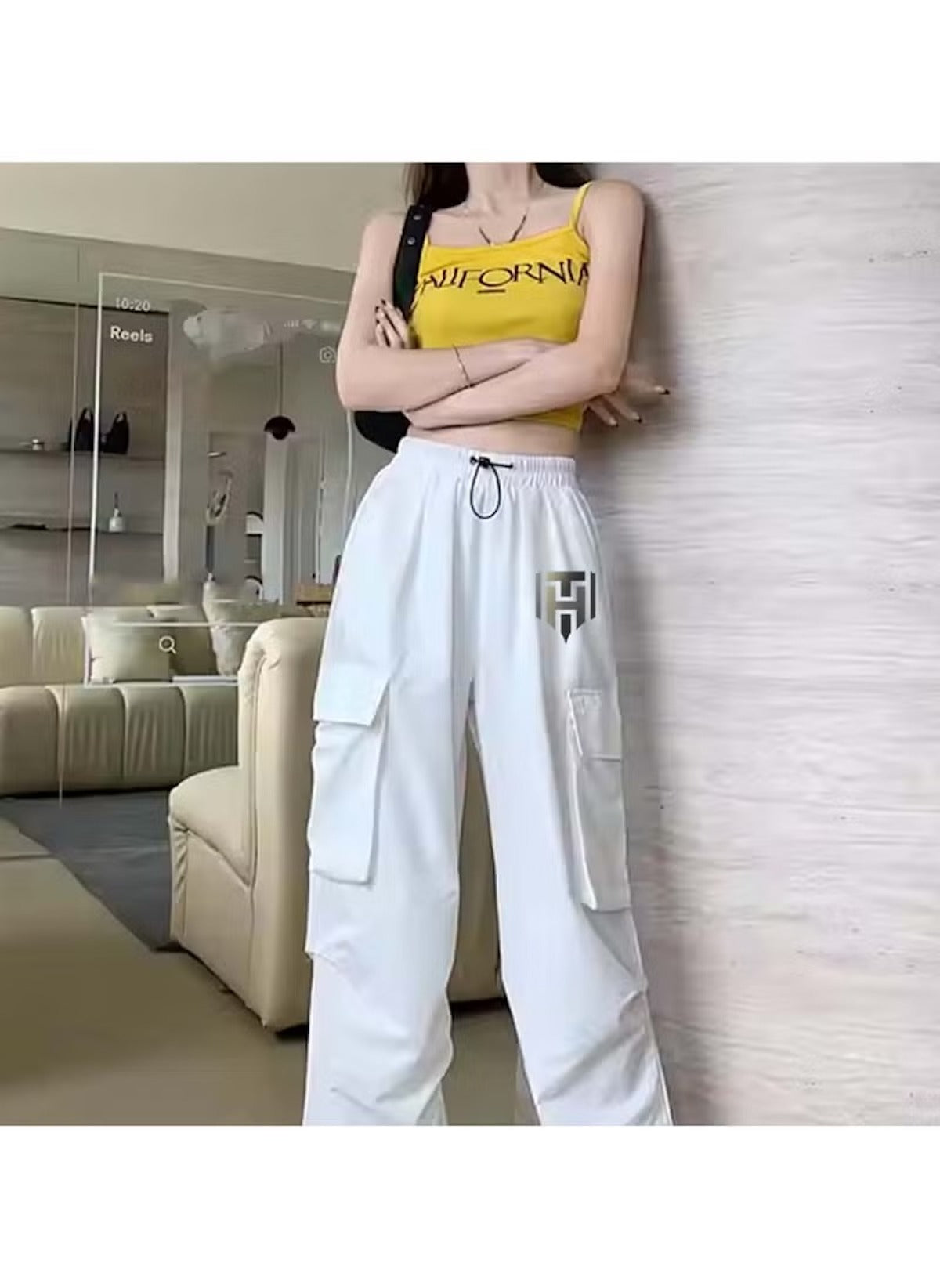 Huitich white cargo style wide leg pants for ladies with multiple pockets and drawstring waist