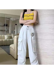 Huitich white cargo style wide leg pants for ladies with multiple pockets and drawstring waist