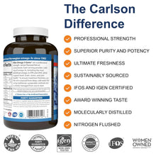 Carlson Elite Omega-3 soft gel supplement bottle with badge icons and 'The Carlson Difference'