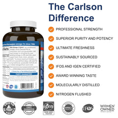 Carlson fish oil bottle and The Carlson Difference feature list highlighting quality for Norwegian omega-3 supplements UAE