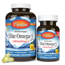 Carlson Elite Omega-3 soft gel supplement bottles with white caps, Wild Norwegian label