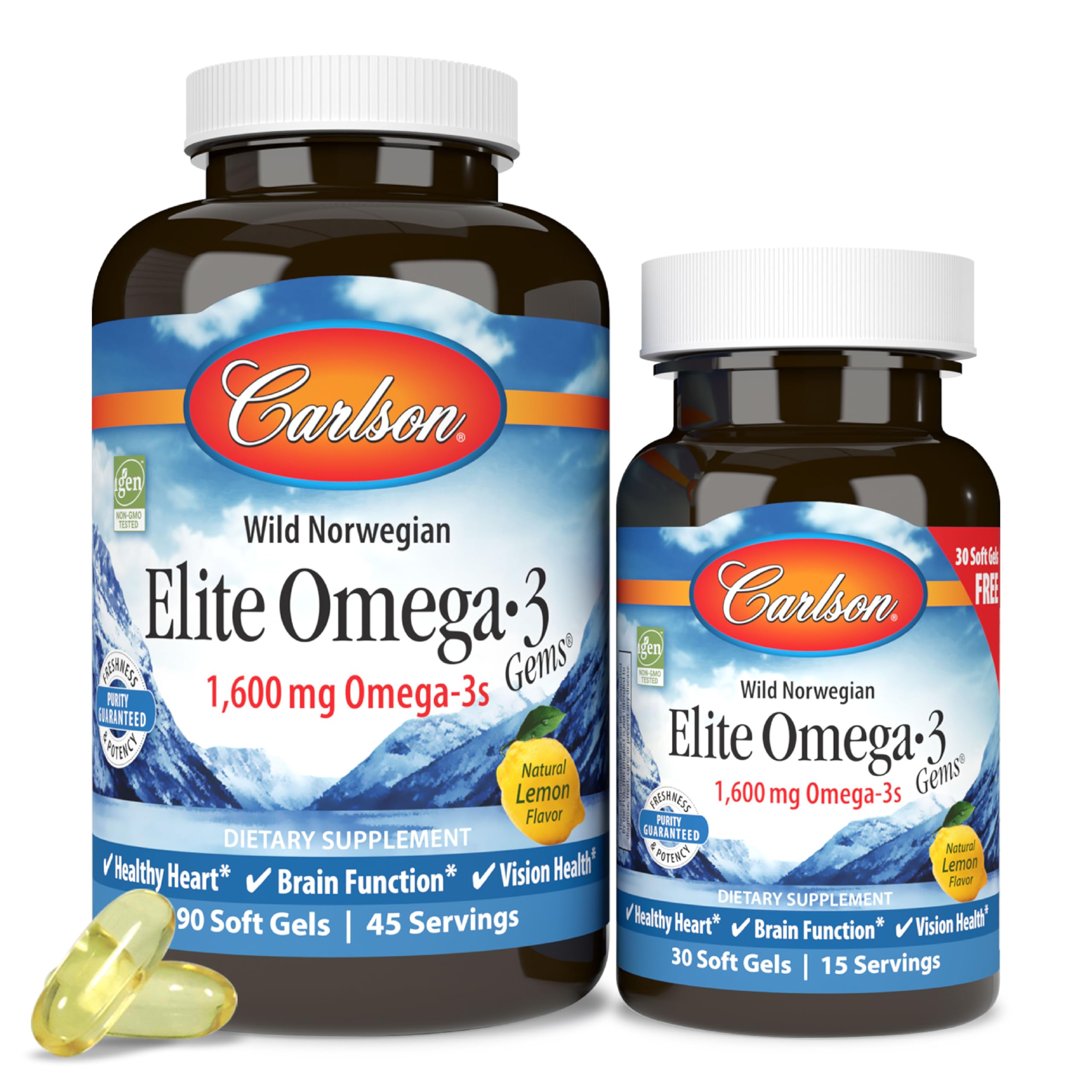 Carlson Wild Norwegian Elite Omega 3 softgels two bottles with lemon flavor and capsules Norwegian omega-3 supplements UAE