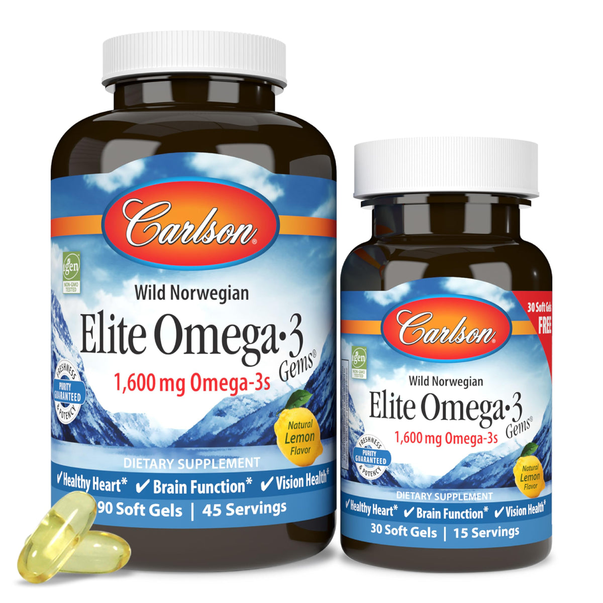 Carlson Wild Norwegian Elite Omega 3 softgels two bottles with lemon flavor and capsules Norwegian omega-3 supplements UAE