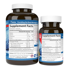 Carlson Norwegian omega-3 supplements UAE two brown bottles with white caps and supplement facts labels