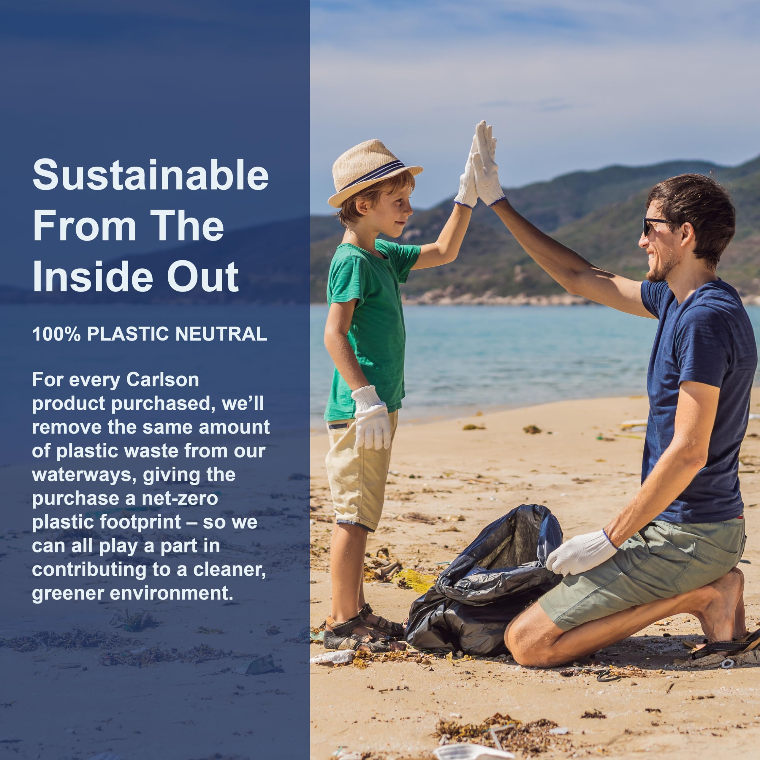 Carlson father and son beach cleanup high five with trash bag promoting Norwegian omega-3 supplements UAE