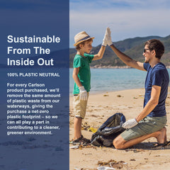 Carlson father and son beach cleanup high five with trash bag promoting Norwegian omega-3 supplements UAE