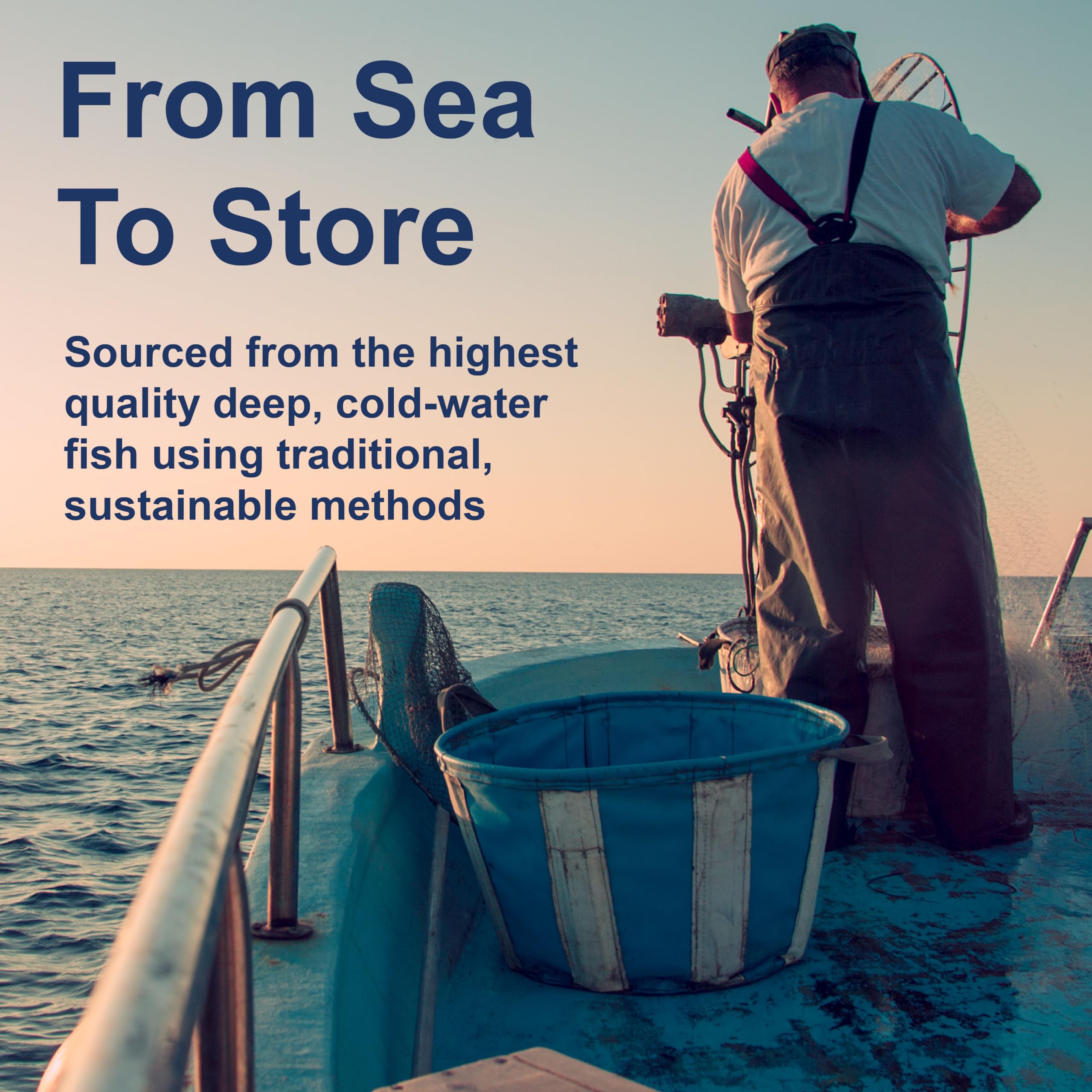 Carlson image of a fisherman on a boat at sea with bucket promoting Norwegian omega-3 supplements UAE