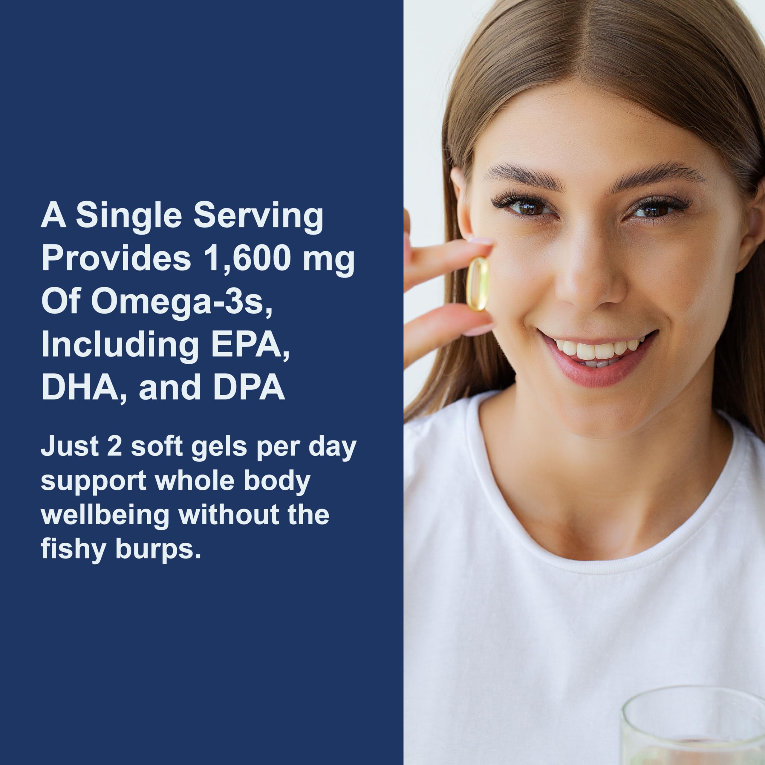 Carlson Norwegian omega-3 supplements UAE showing smiling woman holding a soft gel capsule next to a glass of water and product info