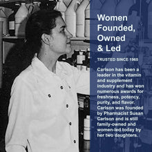 Carlson Omega-3 supplement banner with 'Women Founded, Owned & Led' and woman in lab