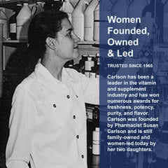 Carlson historical image of woman pharmacist in lab coat among supplement bottles promoting Norwegian omega-3 supplements UAE