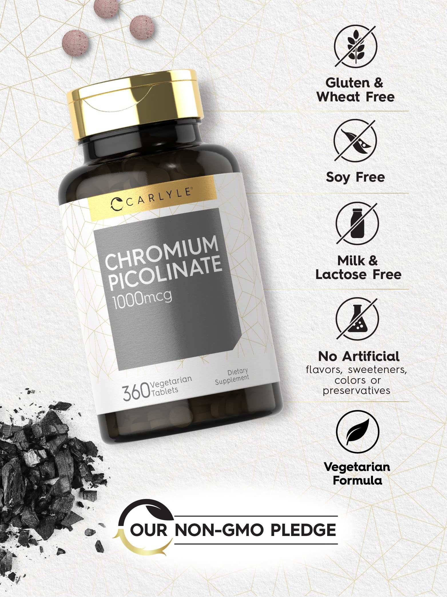 Carlyle bottle of chromium picolinate 1000mcg tablets 360 vegetarian tablets with non GMO pledge and free from icons