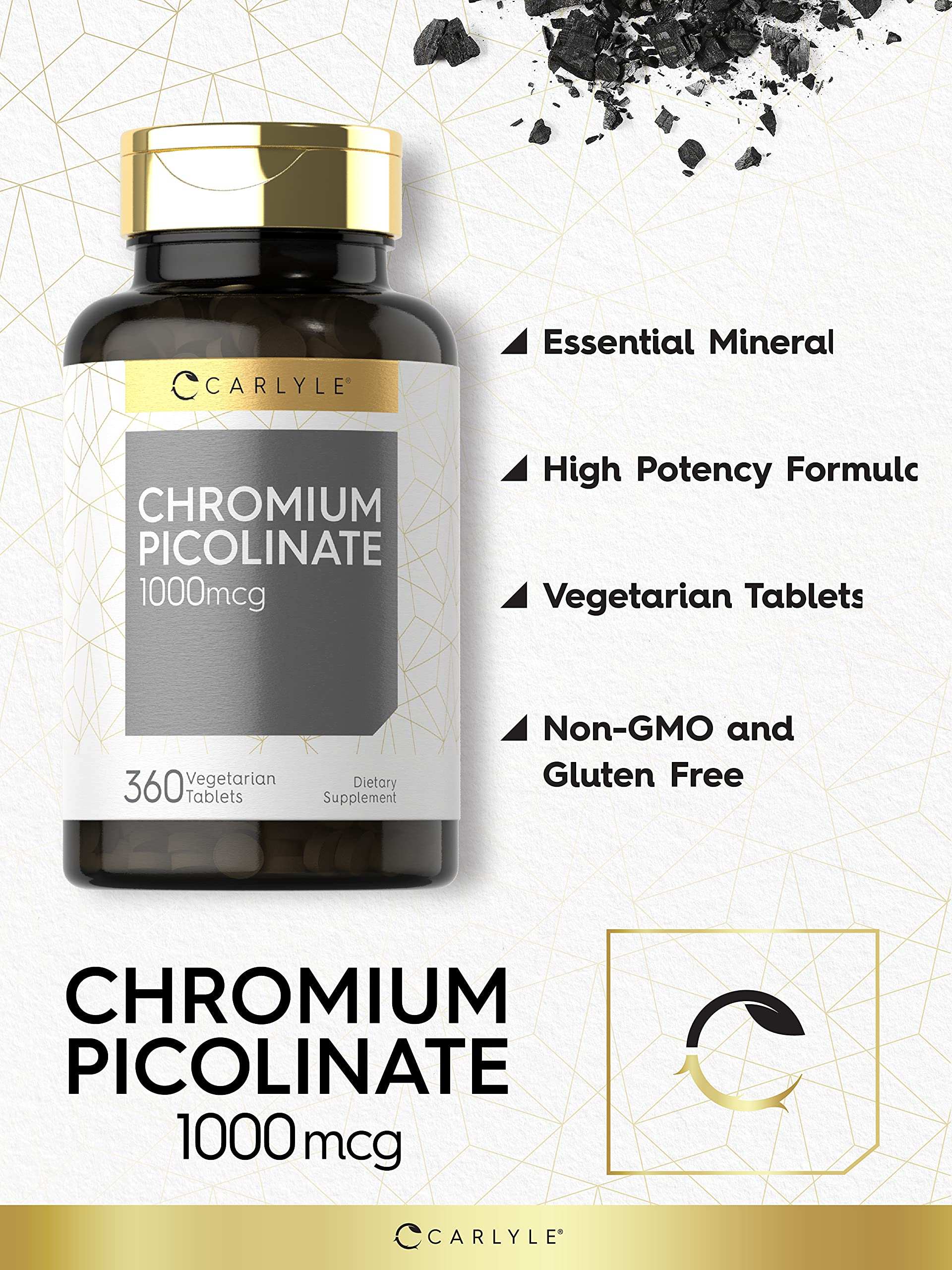 Carlyle supplement bottle of chromium picolinate 1000mcg tablets 360 vegetarian non GMO gluten free