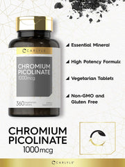 Carlyle supplement bottle of chromium picolinate 1000mcg tablets 360 vegetarian non GMO gluten free