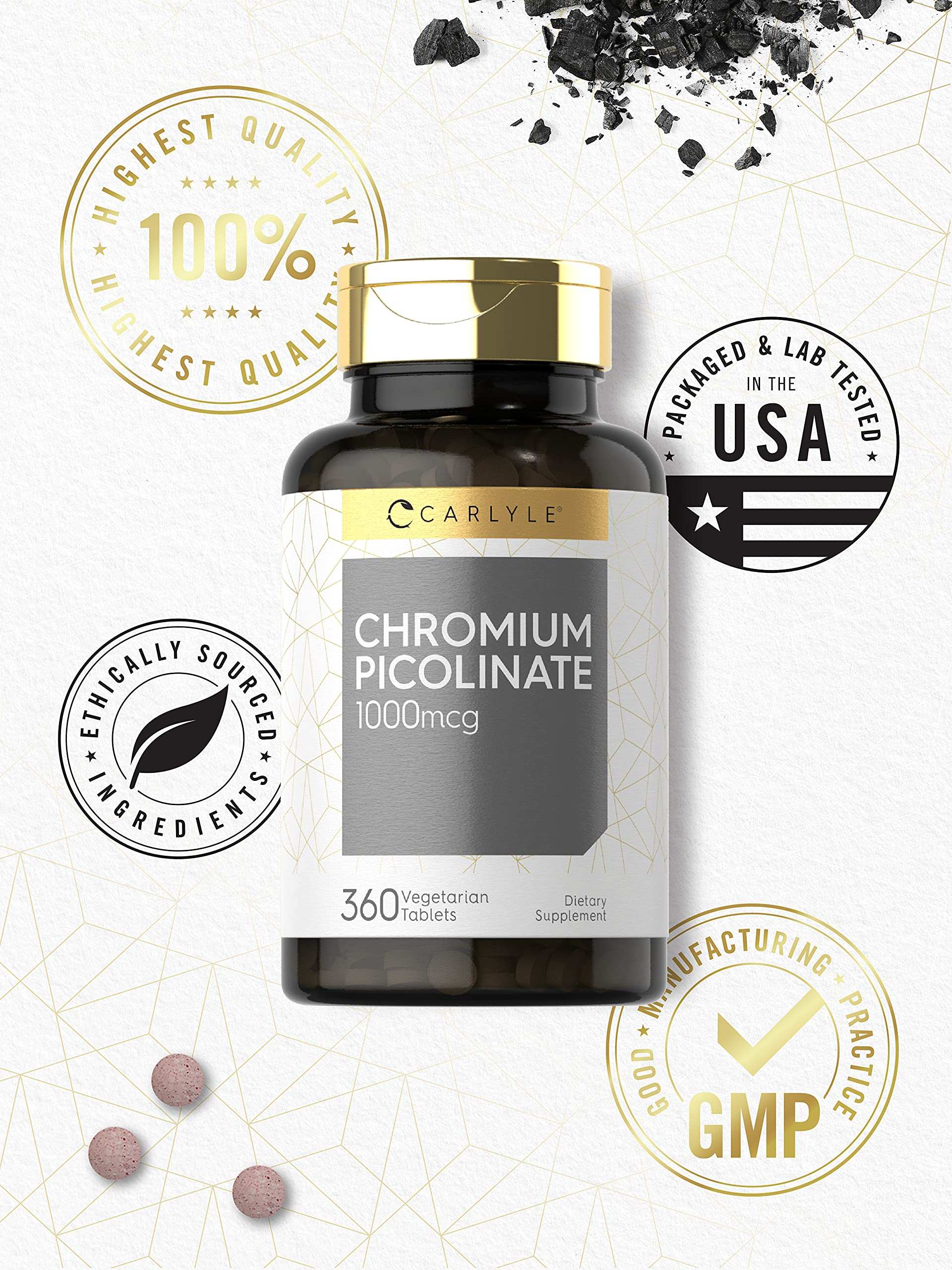 Carlyle chromium picolinate 1000mcg tablets bottle 360 vegetarian tablets with GMP USA lab tested seals