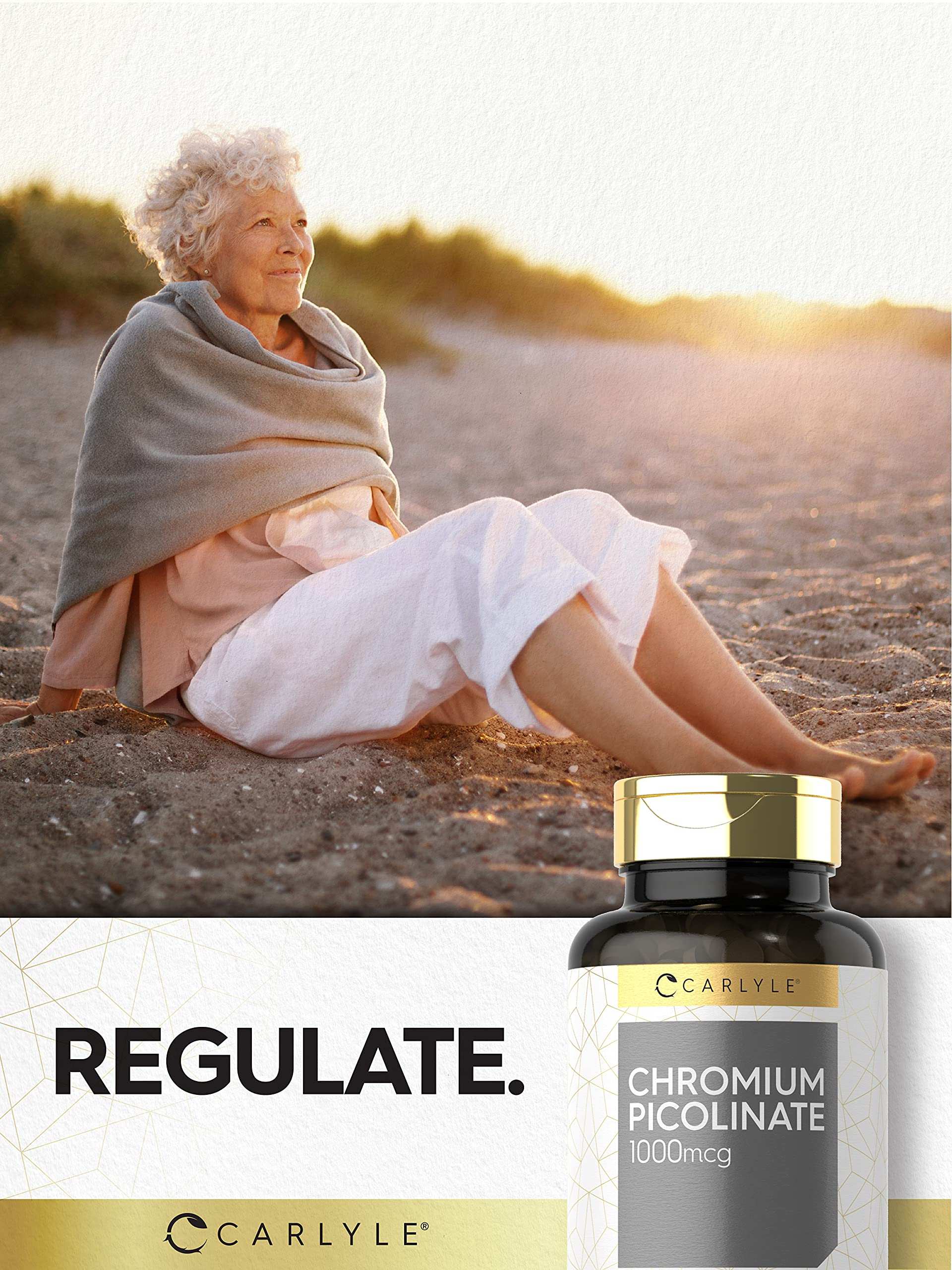 Carlyle chromium picolinate 1000mcg tablets bottle beside an older woman relaxing on a beach at sunset