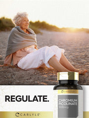 Carlyle chromium picolinate 1000mcg tablets bottle beside an older woman relaxing on a beach at sunset