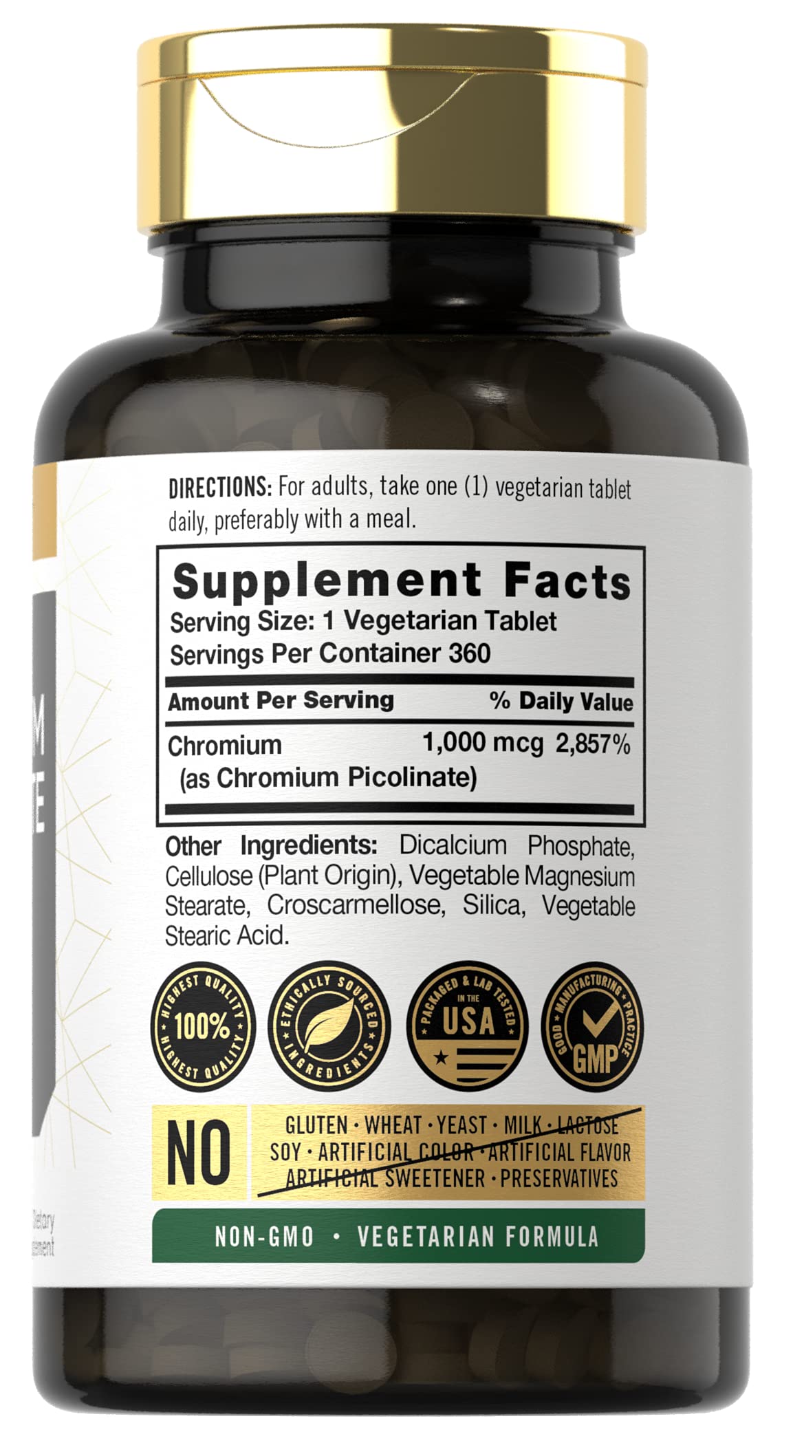 Carlyle supplement bottle back label showing chromium picolinate 1000mcg tablets 360 vegetarian servings