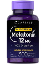 Melatonin 12 mg fast-dissolve supplement bottle with purple cap, 300 tablets
