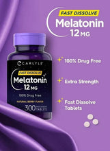Melatonin 12 mg fast-dissolve supplement bottle with purple cap and small tablets