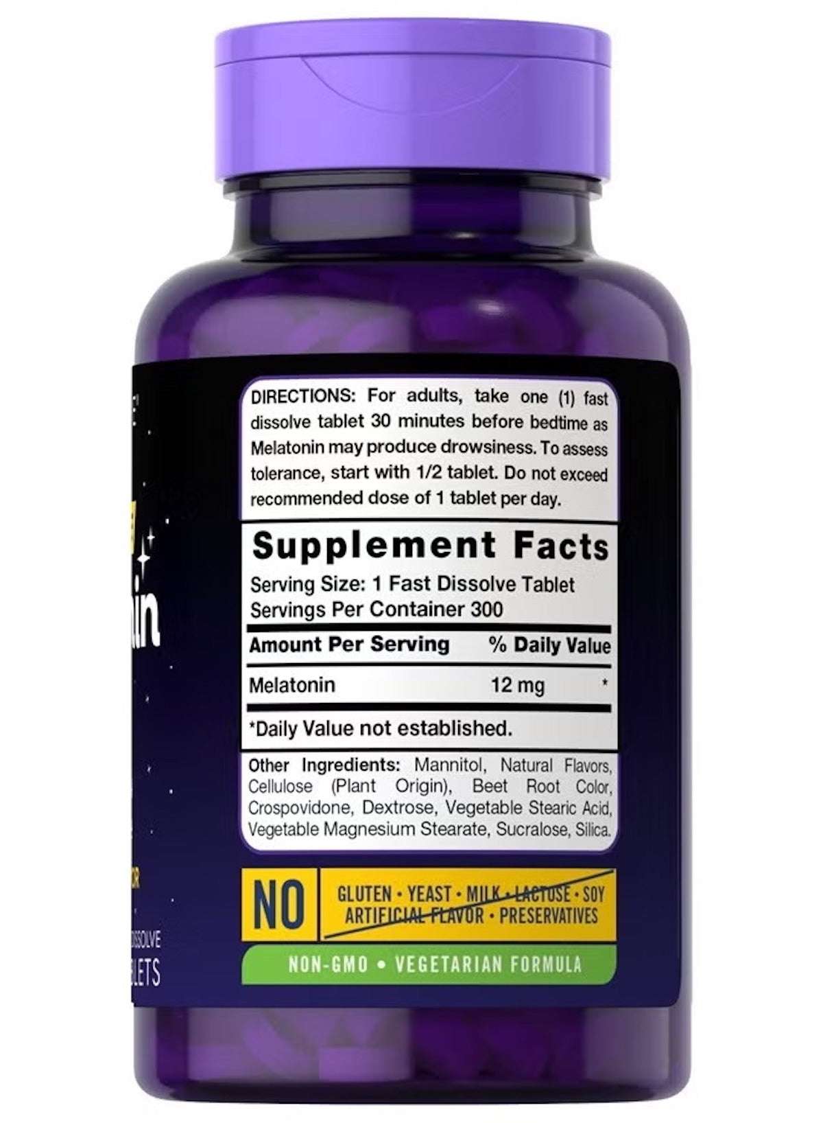 Carlyle melatonin 12mg fast dissolve tablets bottle with supplement facts label and no gluten information