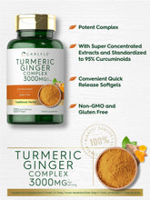 Turmeric Ginger Complex 3000mg supplement bottle with benefit callouts on white background