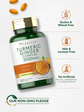Turmeric Ginger Complex 3000mg supplement bottle with gluten, milk, and artificial flavor icons