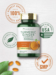 Carlyle bottle of turmeric ginger supplement 3000mg turmeric ginger complex 120 softgels green bottle with gold cap