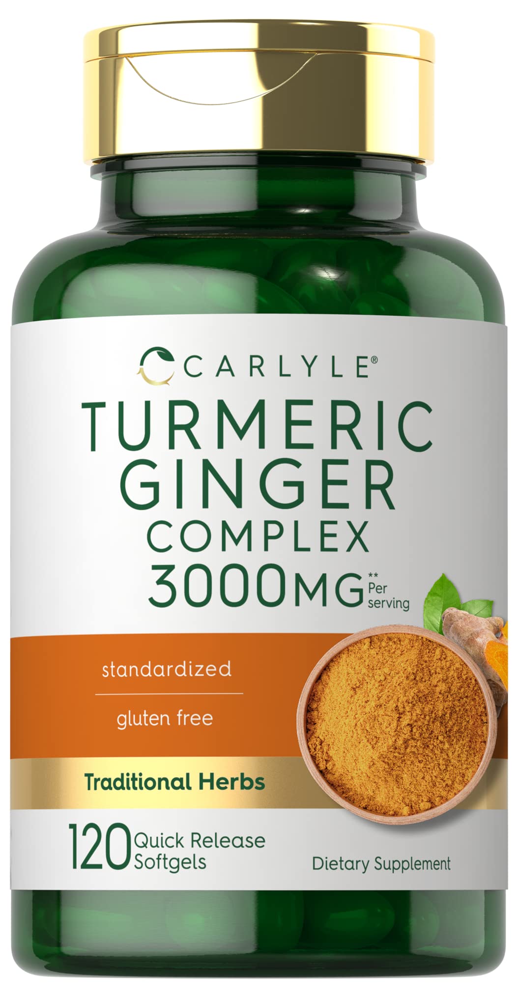 Carlyle bottle of turmeric ginger supplement 3000mg 120 quick release softgels gluten free