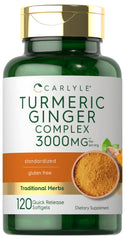Carlyle bottle of turmeric ginger supplement 3000mg 120 quick release softgels gluten free