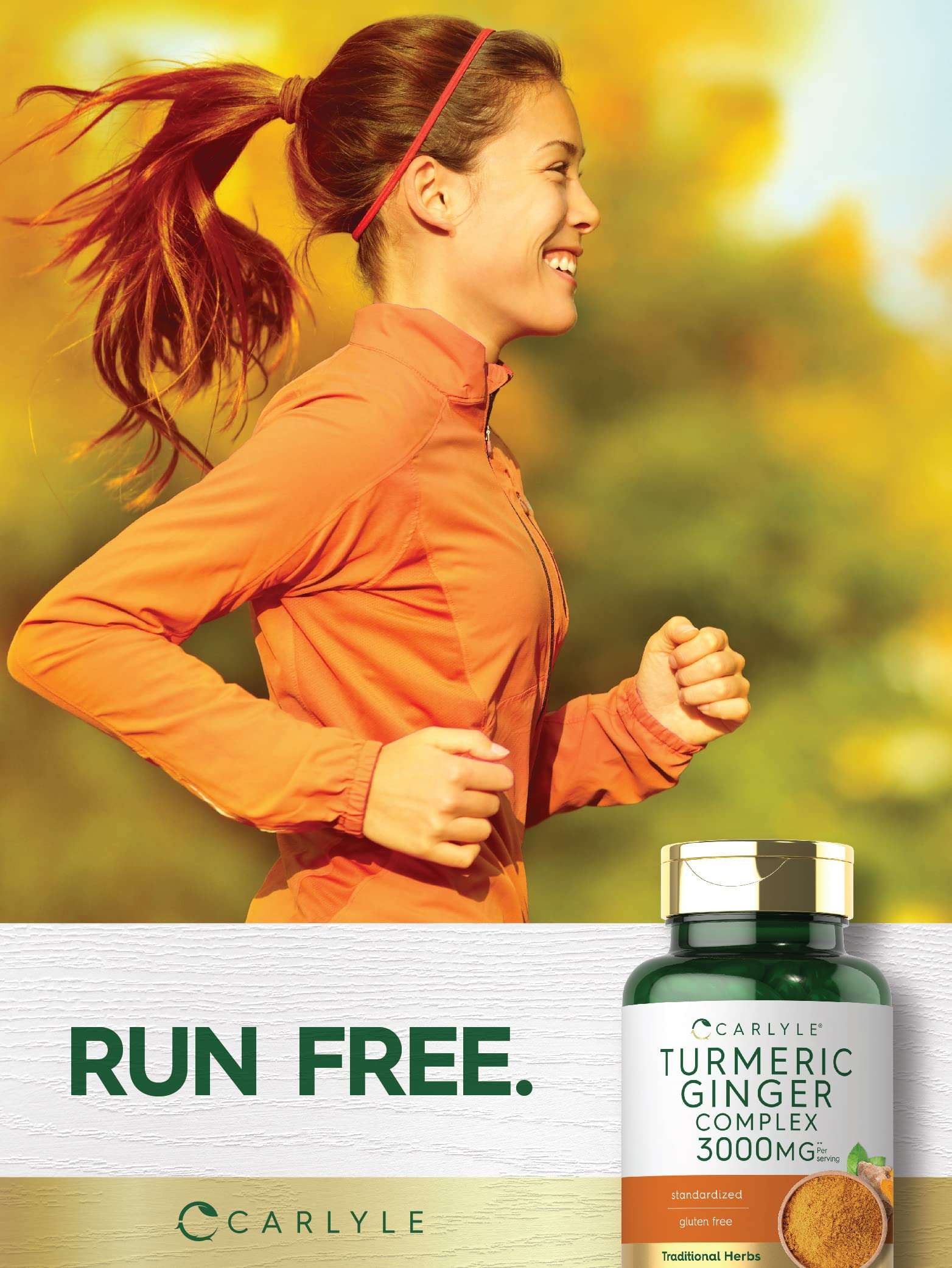 Carlyle turmeric ginger supplement 3000mg bottle beside smiling woman jogging outdoors in orange jacket