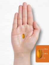 Turmeric ginger supplement softgel on open palm with size guide