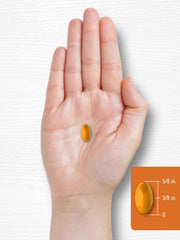 Carlyle hand holding an orange softgel pill with size diagram for turmeric ginger supplement 3000mg for joint support