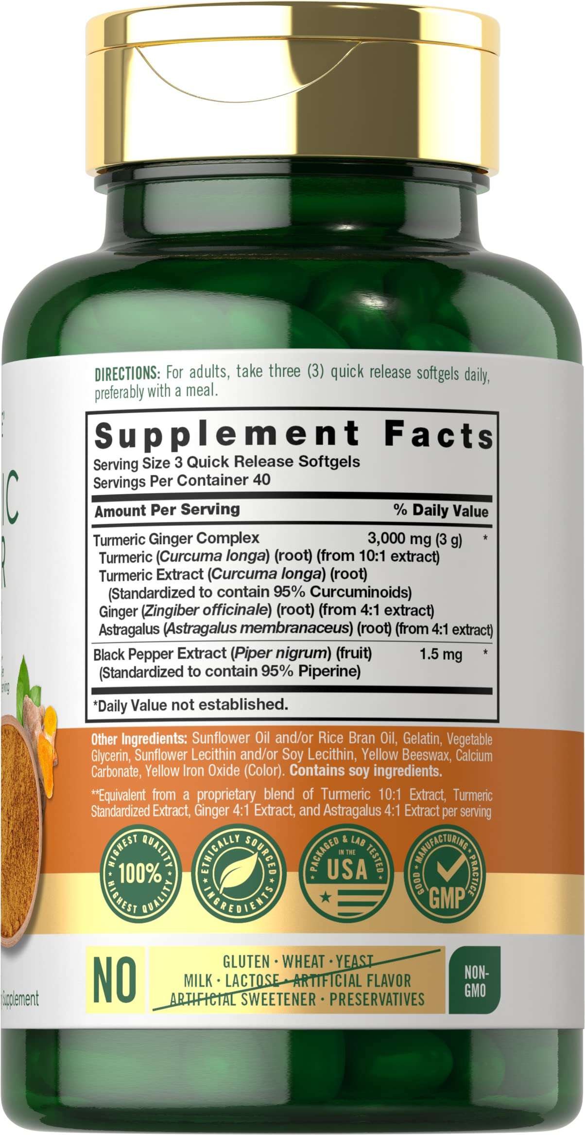Carlyle turmeric ginger supplement 3000mg green bottle with gold cap and Supplement Facts label