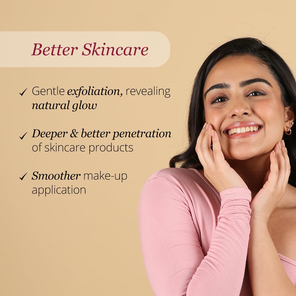 Carmesi reusable face razor for women ad with smiling woman touching her face and text about gentle exfoliation benefits