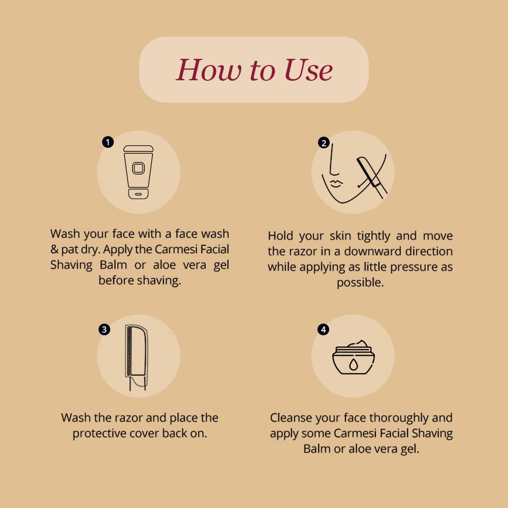 Carmesi how to use diagram showing steps to shave and care with reusable face razor for women