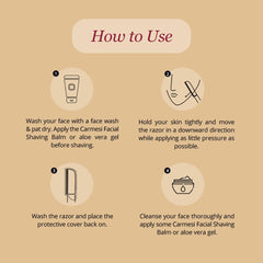 Carmesi how to use diagram showing steps to shave and care with reusable face razor for women