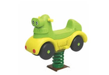 Green cartoon car spring rider toy with wheels and metal spring base