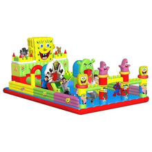 Cartoon inflatable bouncy castle side view with yellow face tower and slide