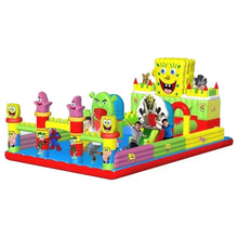 Cartoon inflatable bouncy castle with slide, character panels and children, red blue base