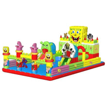 Cartoon inflatable bouncy castle with slide and character panels, red blue base